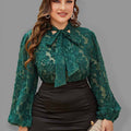 Women's Solid Color Plus Size Lace Trim Tie Neck Long Sleeve Lace Top